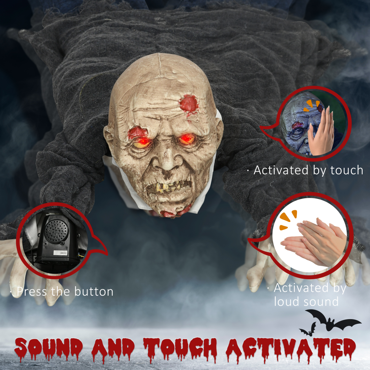 HOMCOM 5.2ft Halloween Outdoor Decoration Crawling Zombie, Sound Activated