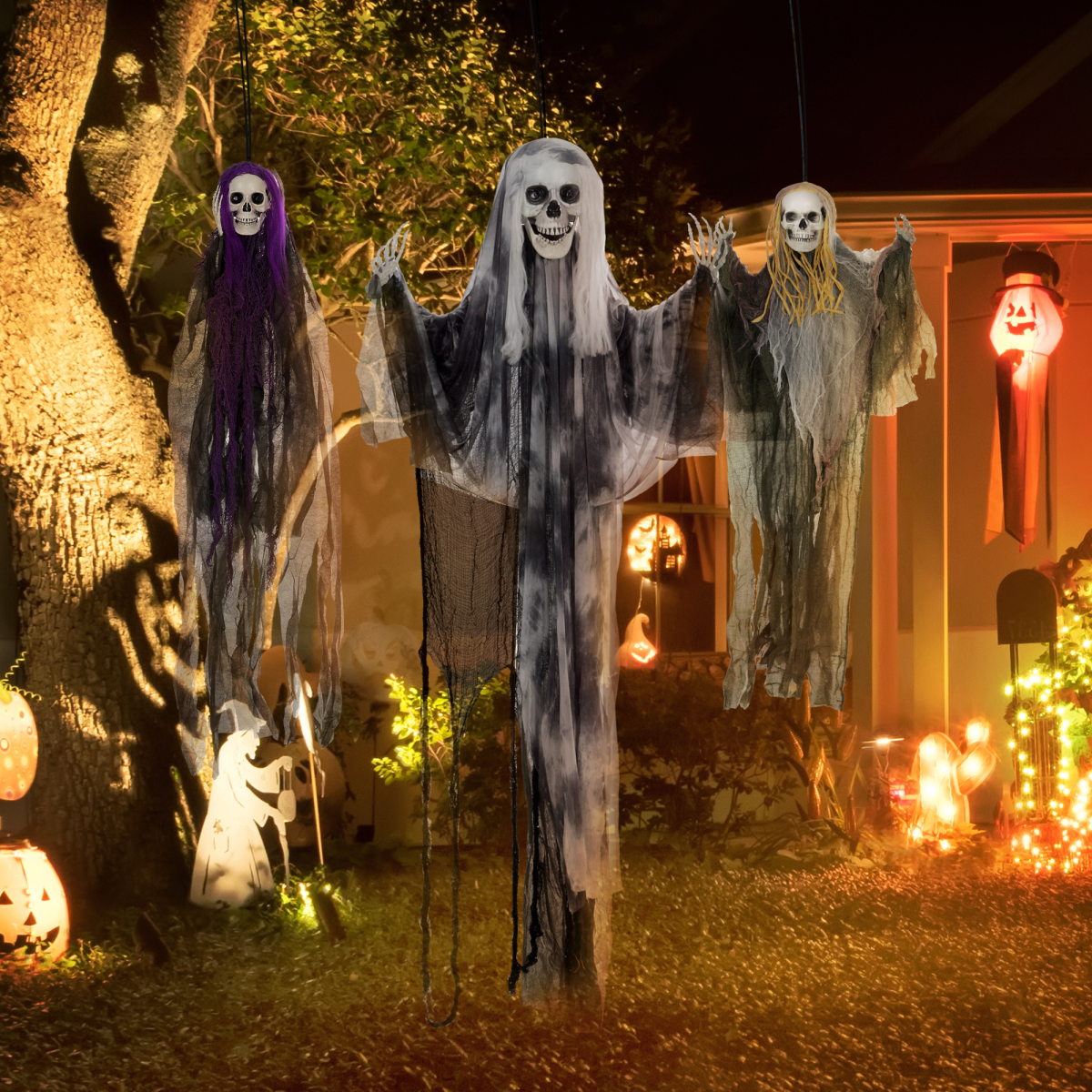HOMCOM Set of 3 Hanging Skeleton, Flying Ghost Halloween Decorations