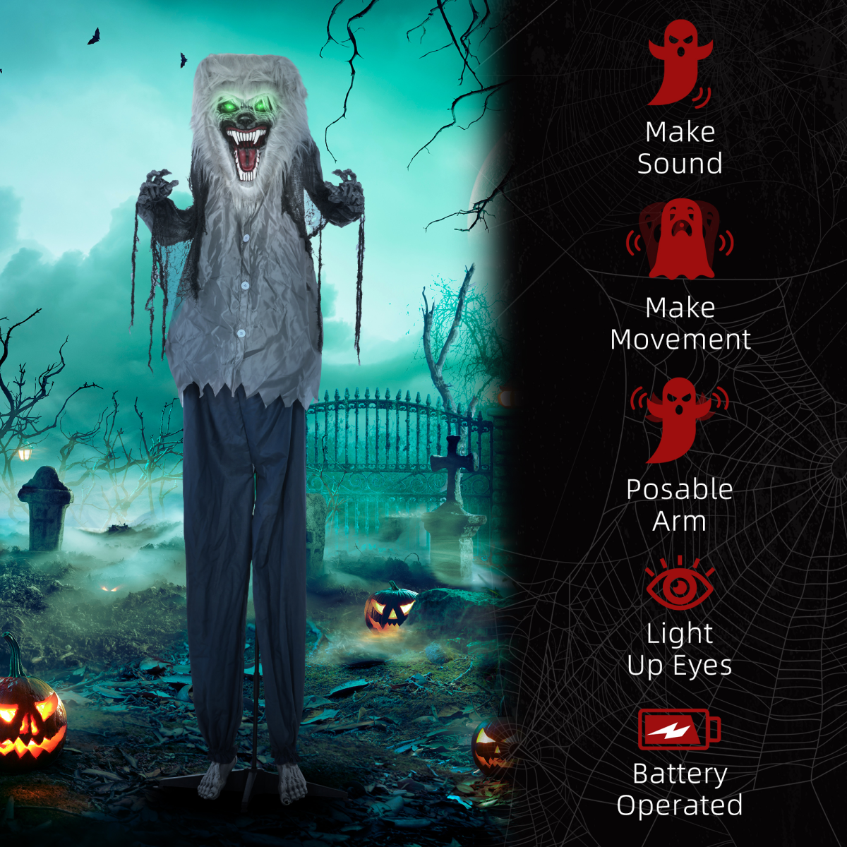 HOMCOM Halloween Skeleton Werewolf Animatronic Prop with Light Up Eyes