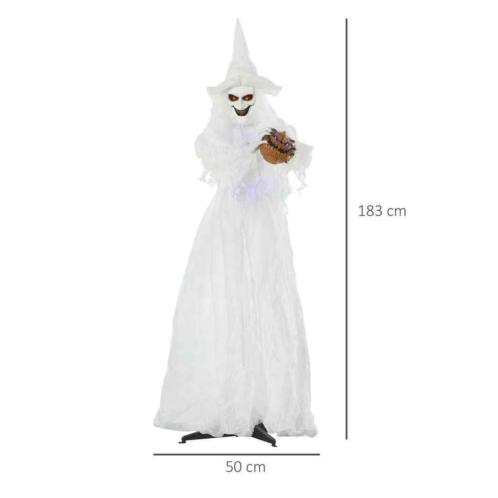 Outsunny 74 Inch Halloween Decorations White Witch Holding Pumpkin Head, Standing Skeleton Ghost Prop Life Size with Light Up Eyes and Body